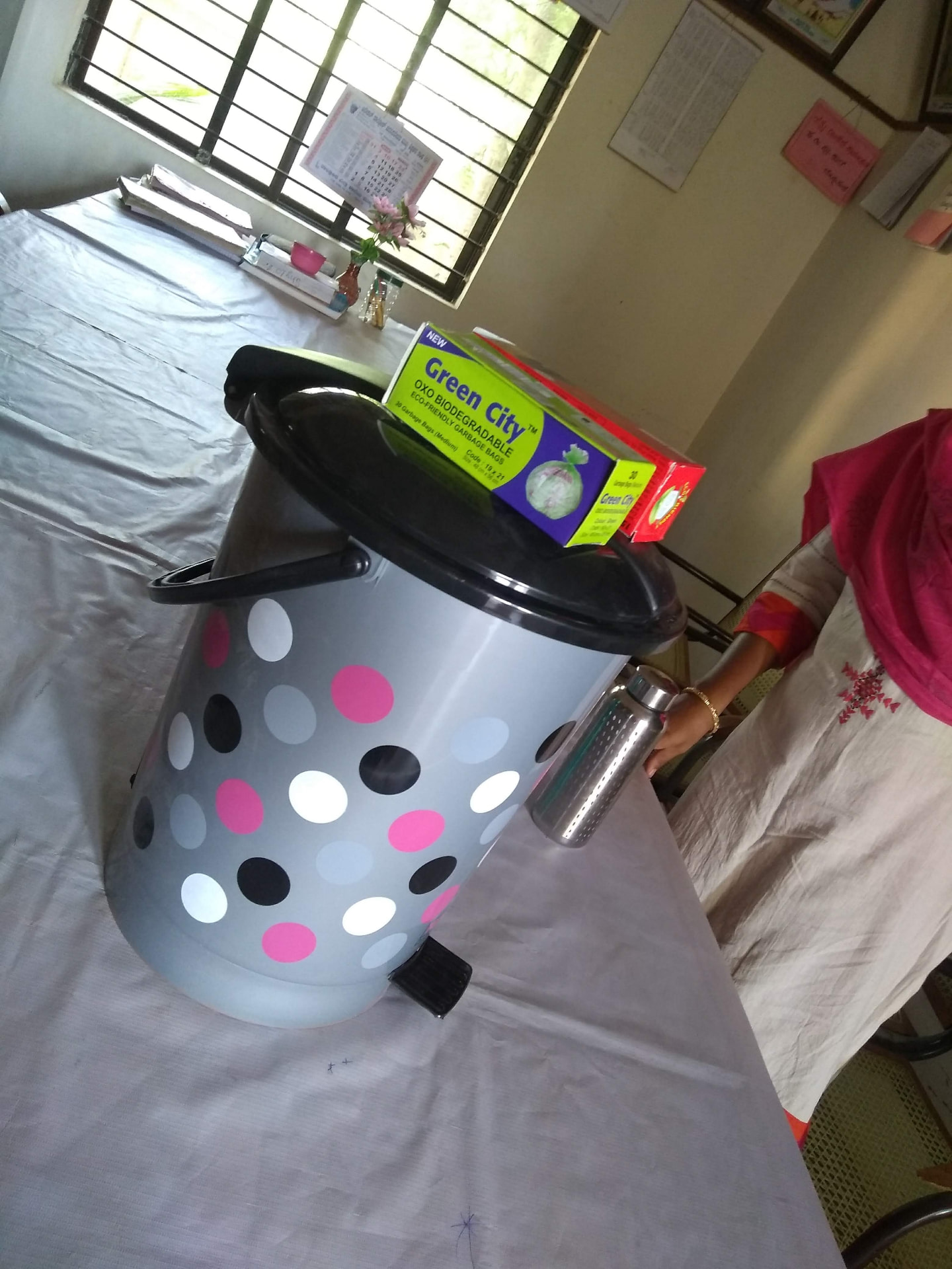 Sanitary disposal bin and biodegradable pads prepared for distribution